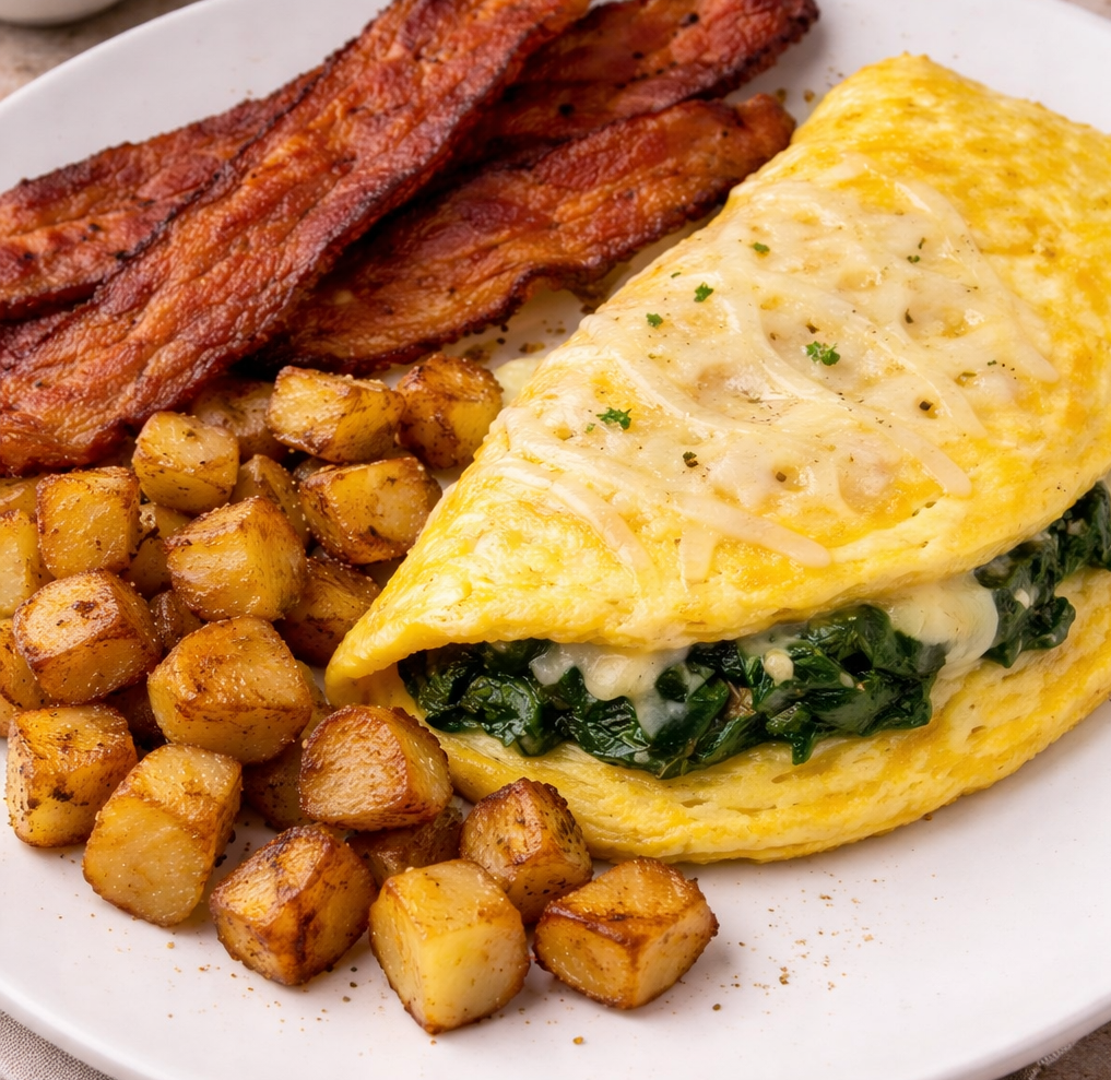 Fresh omelet with eggs, bacon, and hash browns